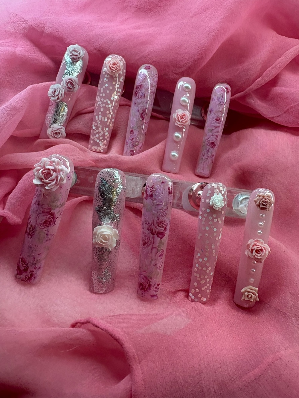 Pink Floral 3D Rose Acrylic press on Nail Set